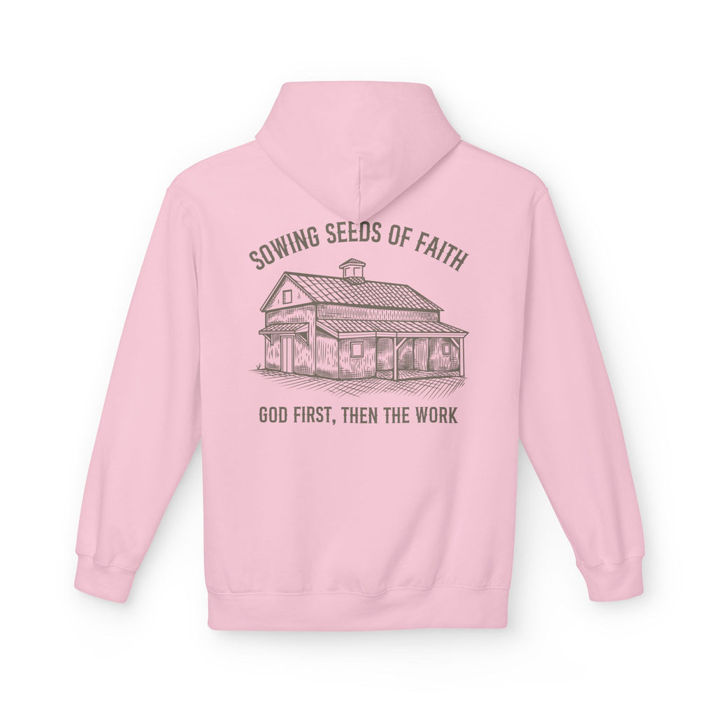 Faith Barn Hoodie — “Sowing Seeds of Faith: God First, Then the Work”