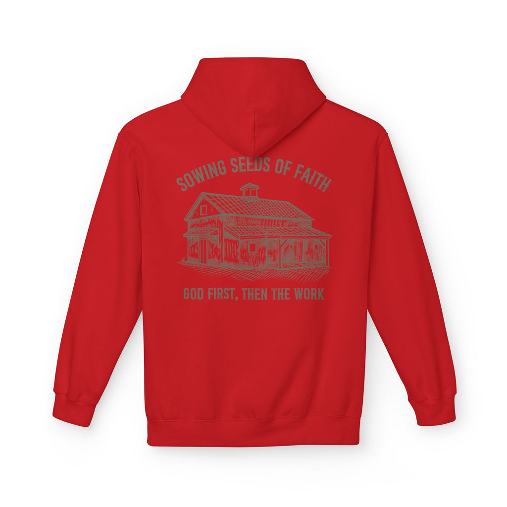 Faith Barn Hoodie — “Sowing Seeds of Faith: God First, Then the Work”