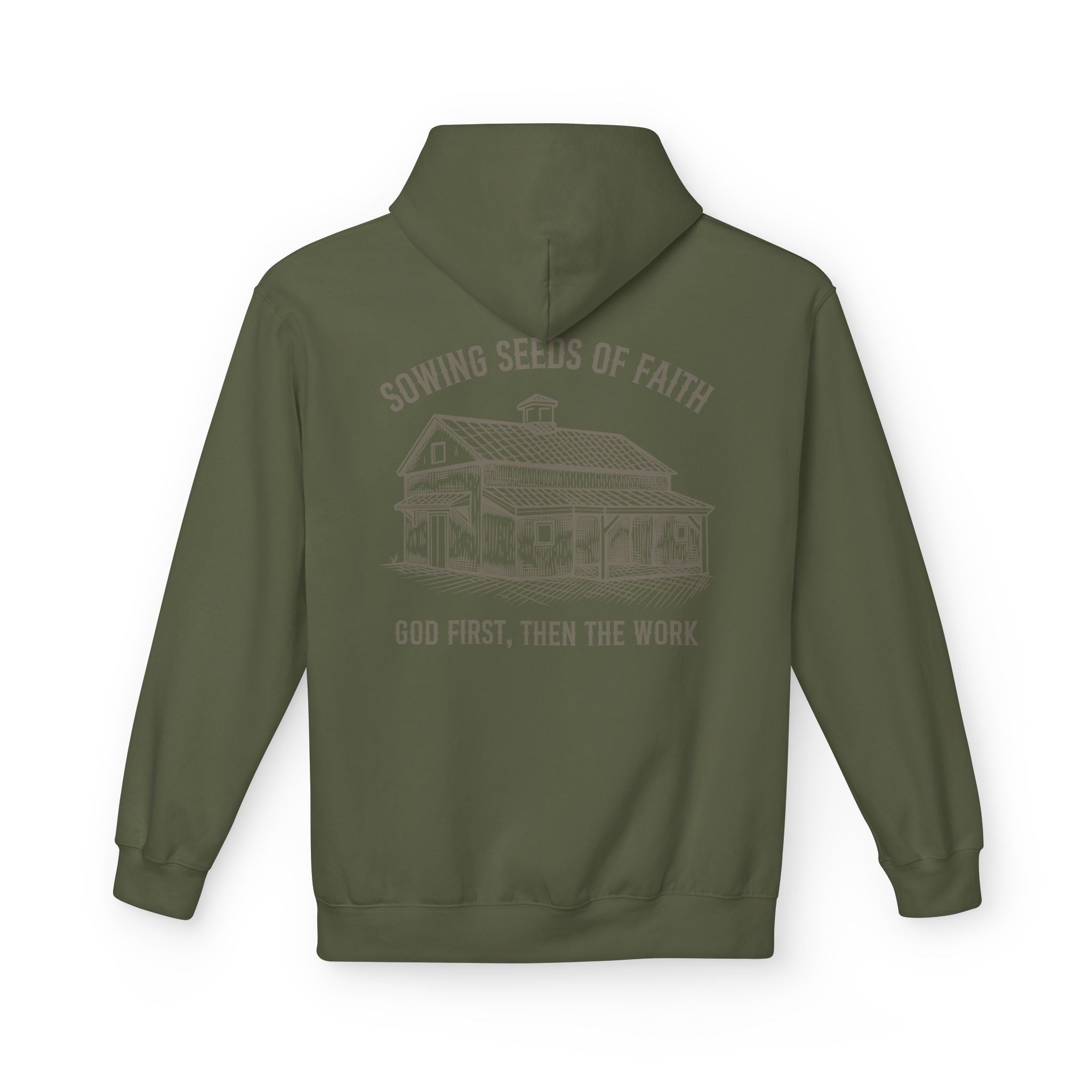 Faith Barn Hoodie — “Sowing Seeds of Faith: God First, Then the Work”