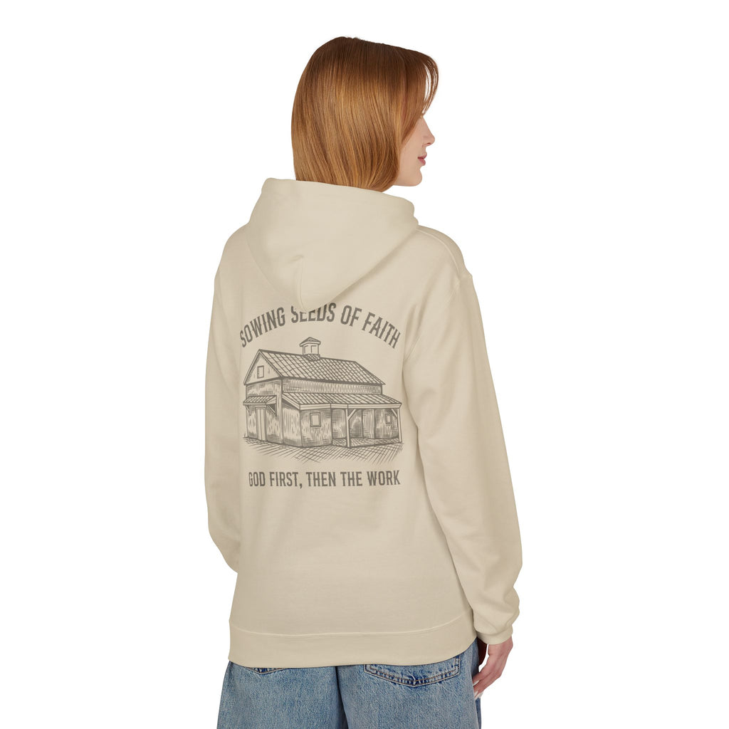 Faith Barn Hoodie — “Sowing Seeds of Faith: God First, Then the Work”